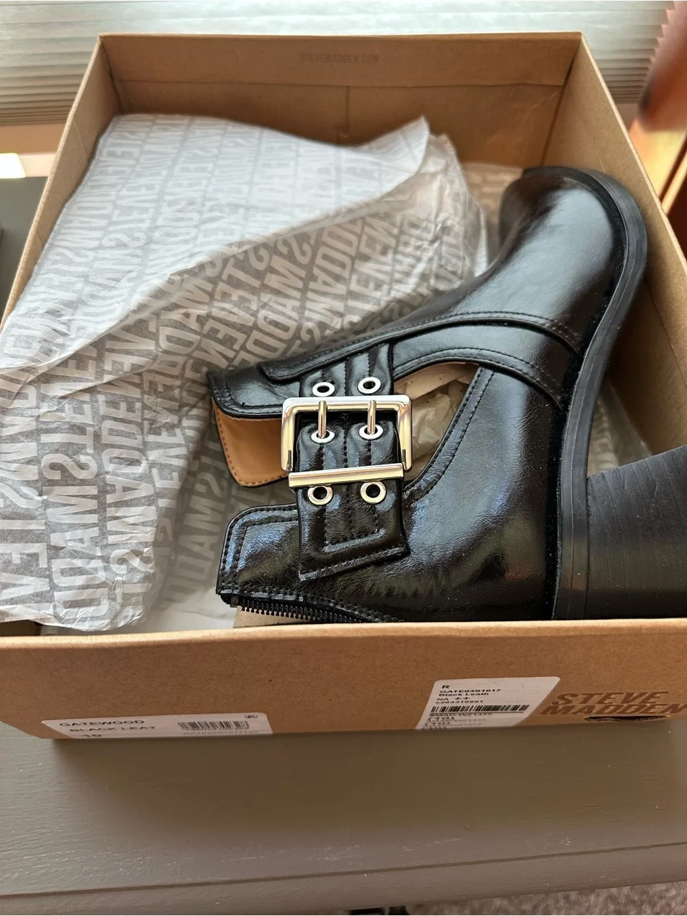 Steve Madden “Gatewood” Black Leather Cutout Ankle Booties with Buckle Straps
